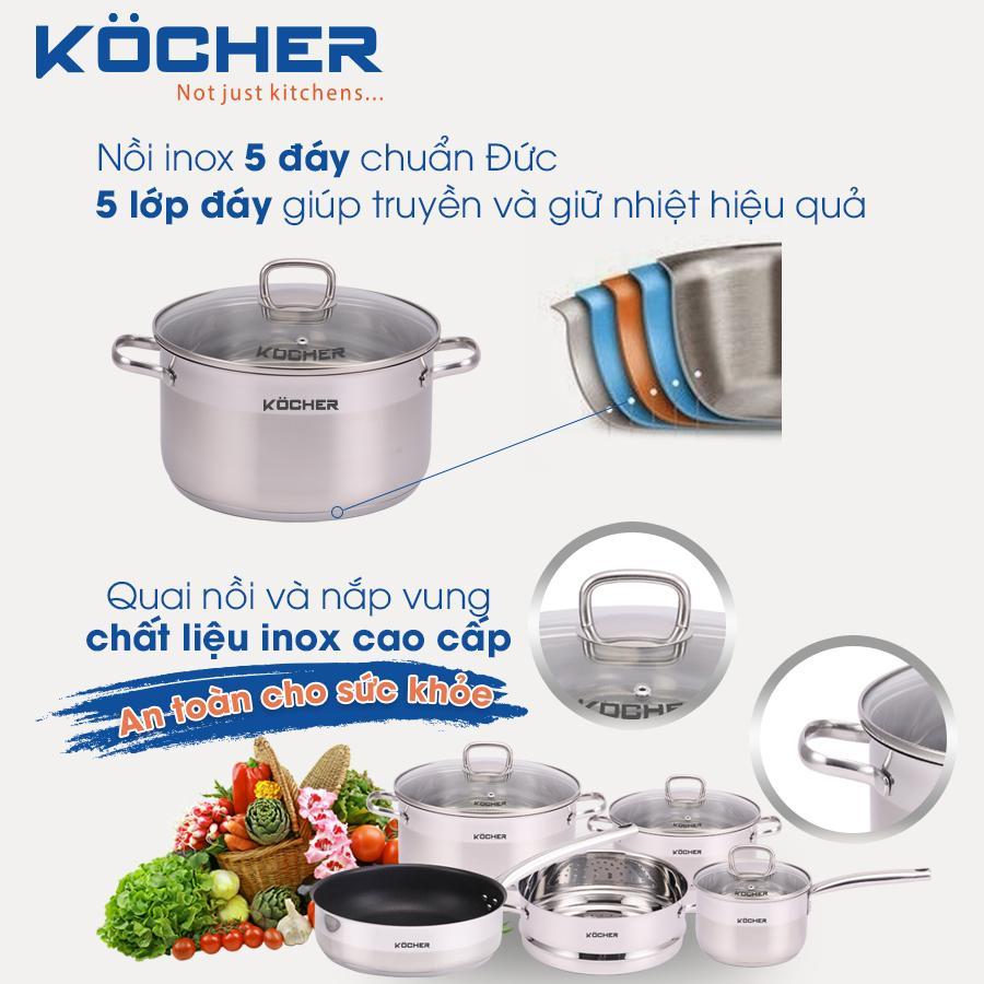 Bộ nồi 5 món Kocher được thiết kế với 5 lớp kim loại Bộ nồi 5 món Kocher được thiết kế với 5 lớp kim loại