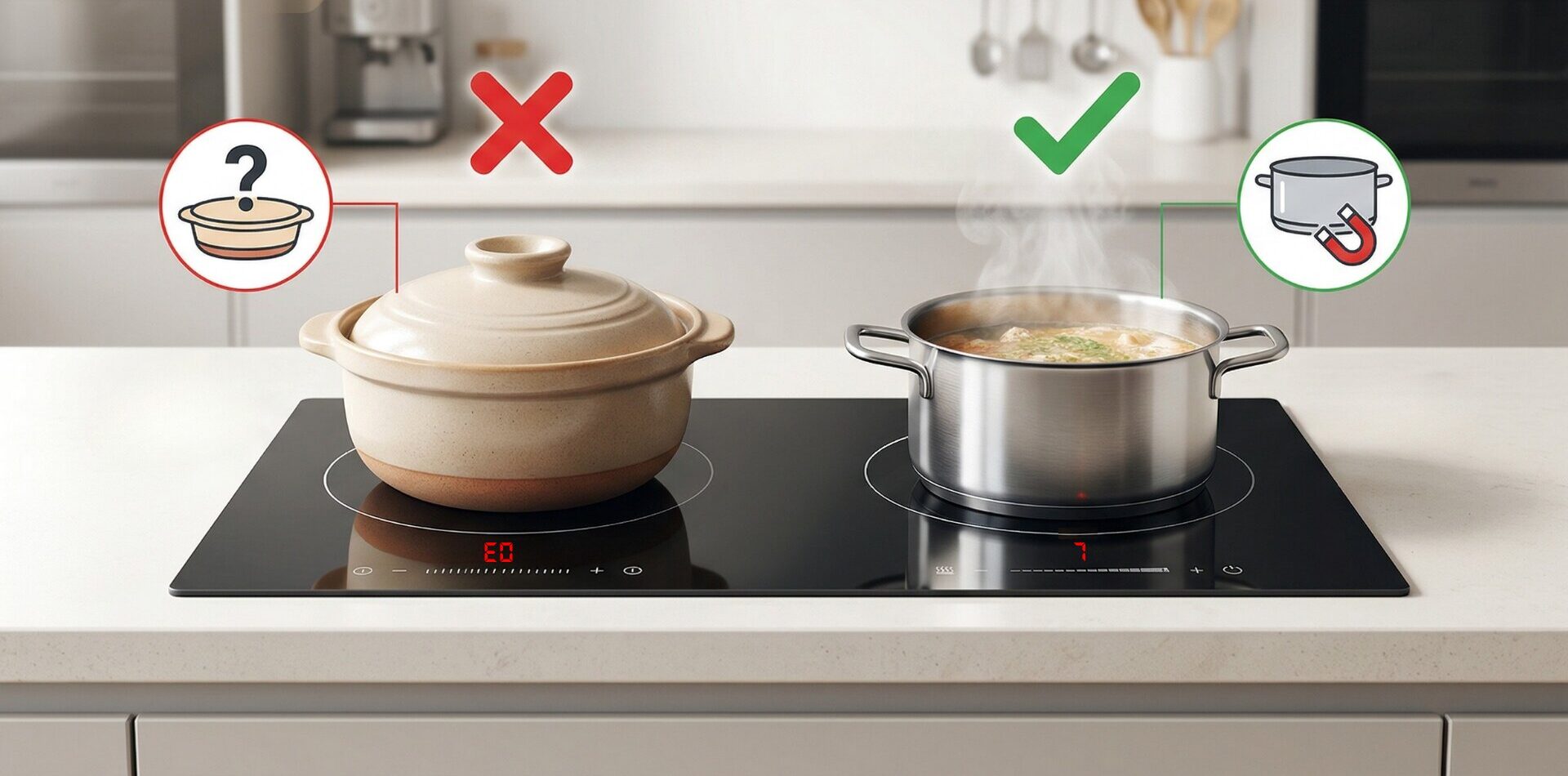 Nồi đáy từ dùng được cho bếp từ, phân biệt với nồi đất và thủy tinh
