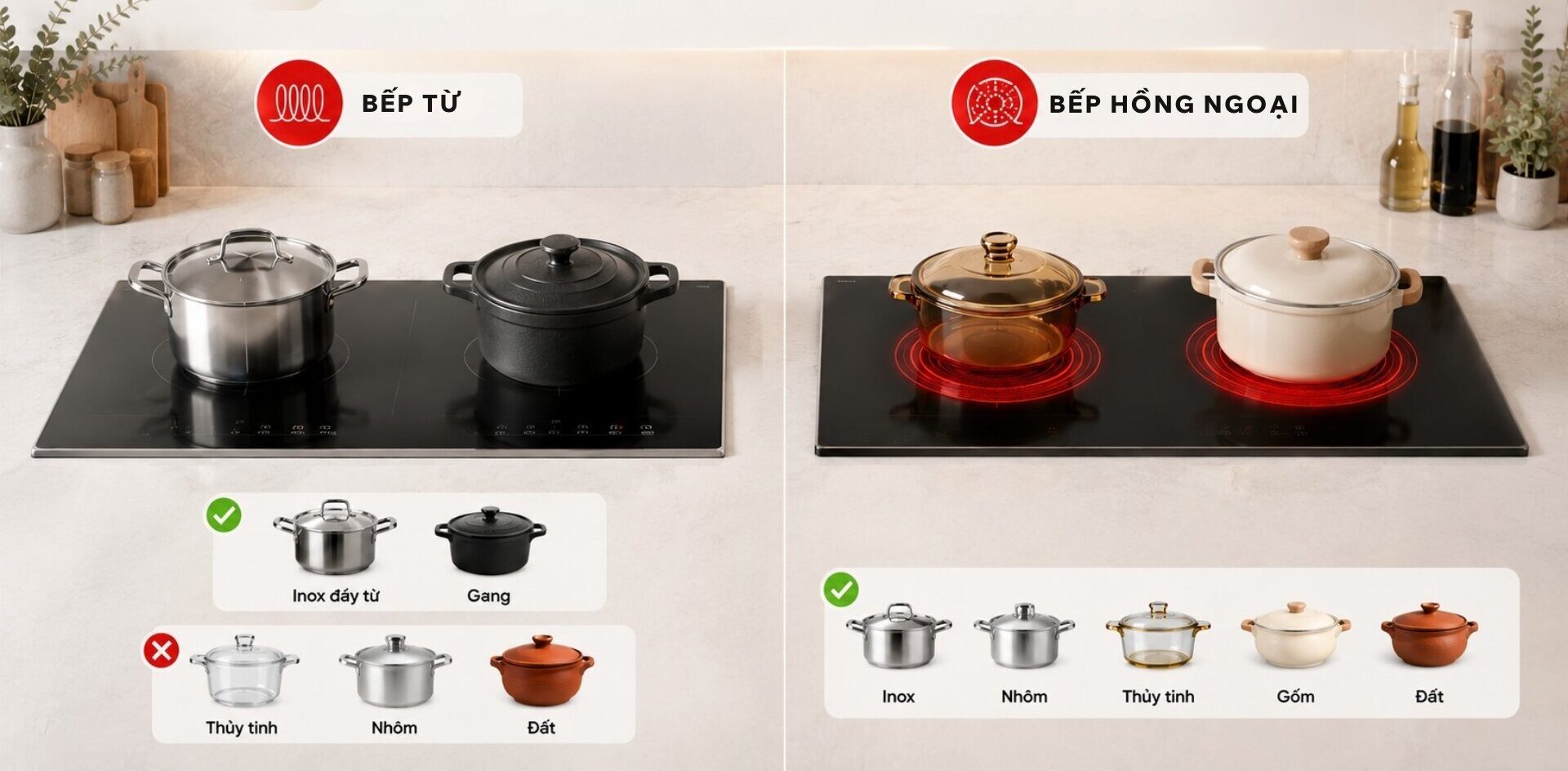 Nồi đáy từ dùng được cho bếp từ, phân biệt với nồi đất và thủy tinh