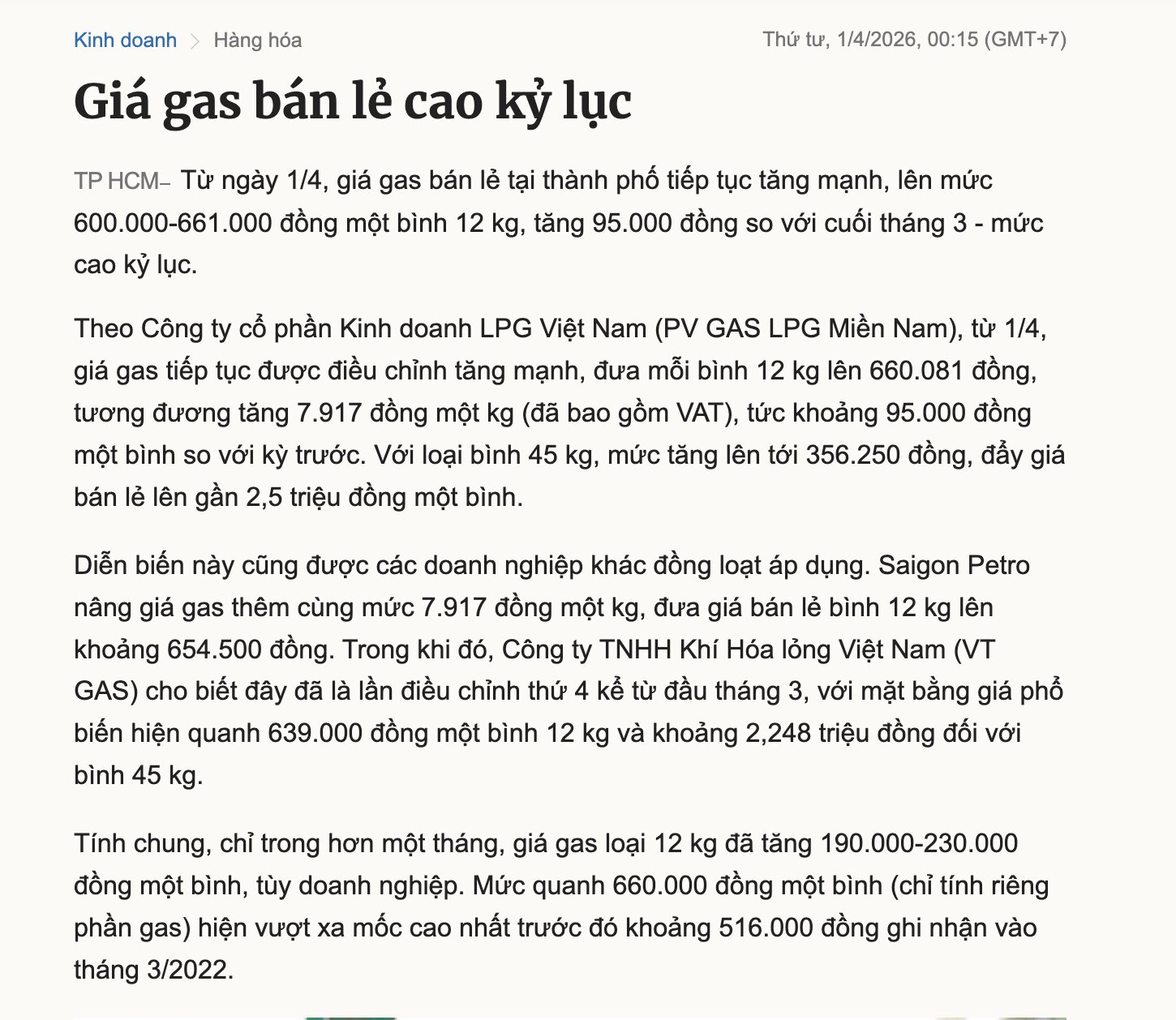 Một bài báo trên VNExpress về tình trạng giá ga tăng cao kỷ lục