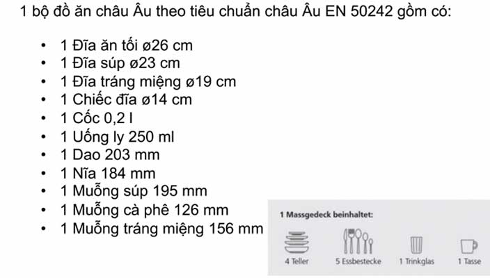 Tiêu chuẩn 1 bộ đồ ăn châu Âu bao gồm