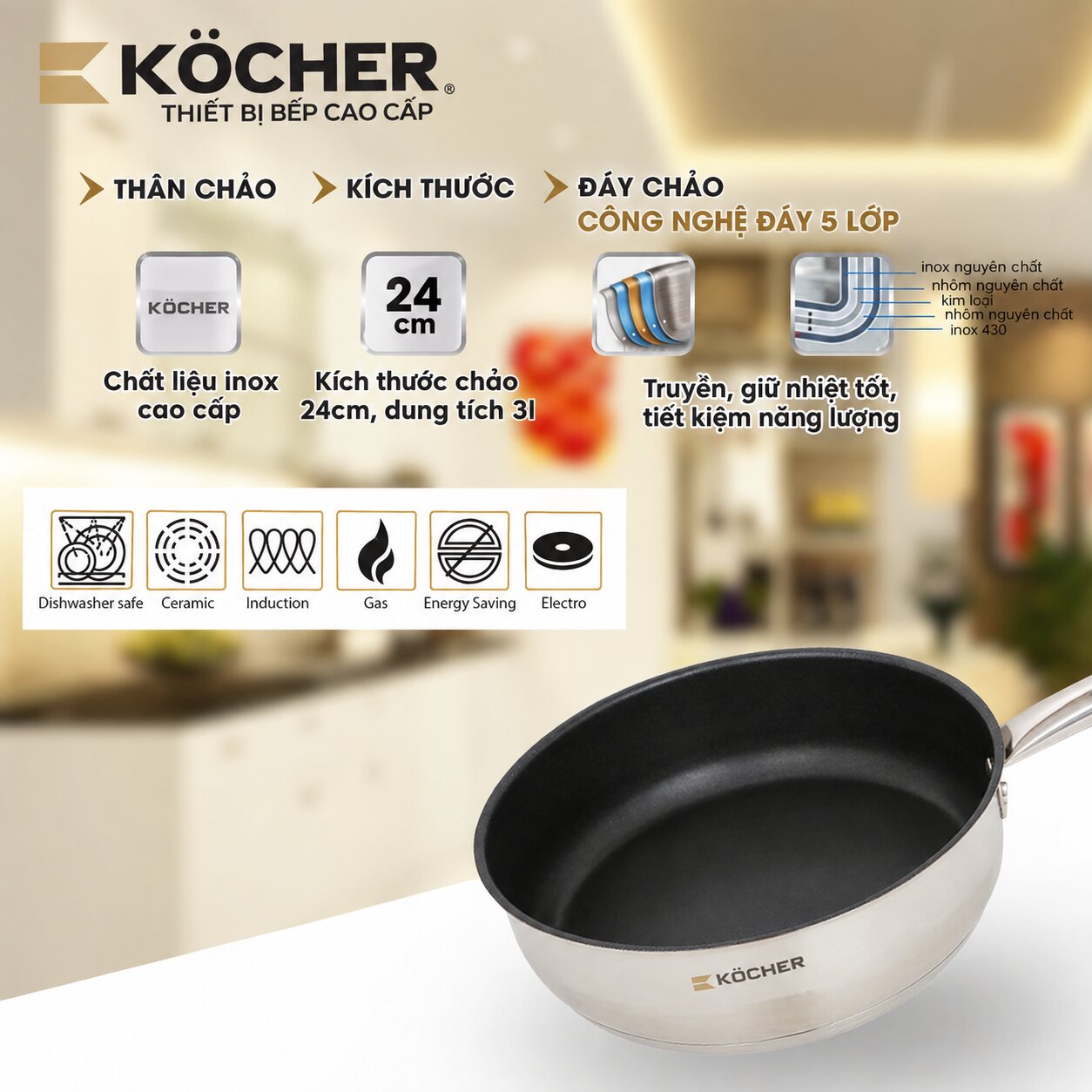 Chảo rán Kocher Lubeck dùng được cho mọi loại bếp