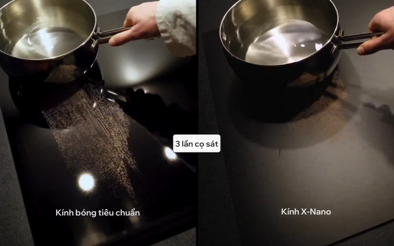 Theo thử nghiệm thực tế rải cát lên bề mặt kính, đặt nồi và di chuyển liên tục, mức độ trầy xước được ghi nhận giảm từ 60% tới 80% so với kính bóng thông thường.