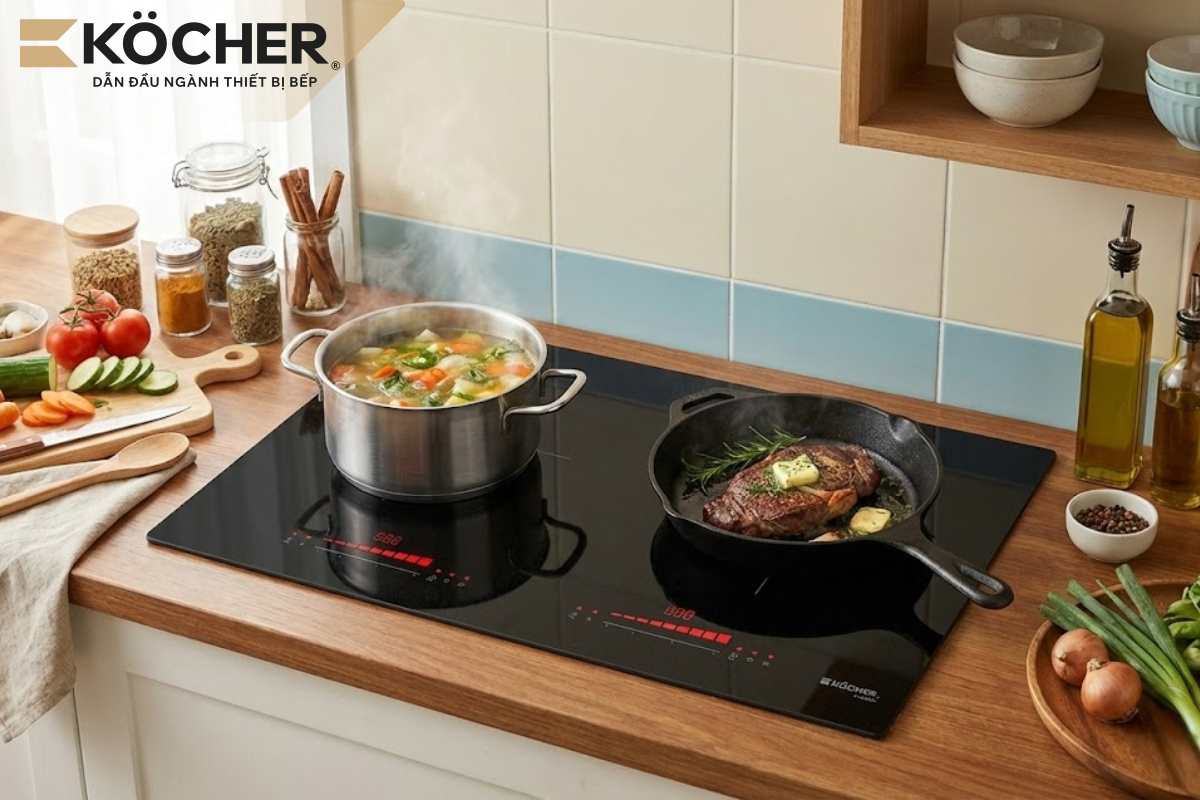 Bếp từ Köcher với tính năng tự động nhận diện kích cỡ xoong nồi.