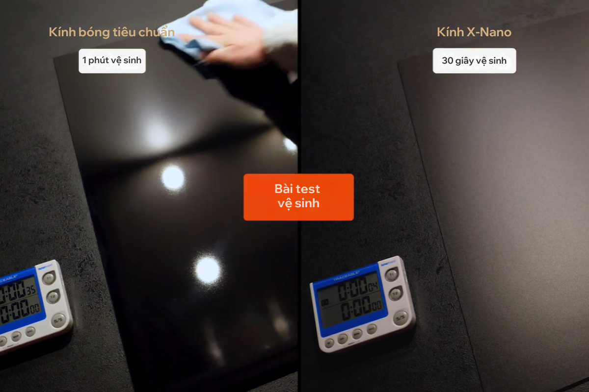 Với dòng bếp X-NANO của Köcher trang bị mặt kính nhám chống xước kết hợp cấu trúc 5 lớp tinh thể Nano bền vững, bề mặt kính có khả năng chống bám dầu mỡ cực tốt, giúp bạn lau sạch mọi vết bẩn trong 30 giây. (Nguồn ảnh: Eurokera)