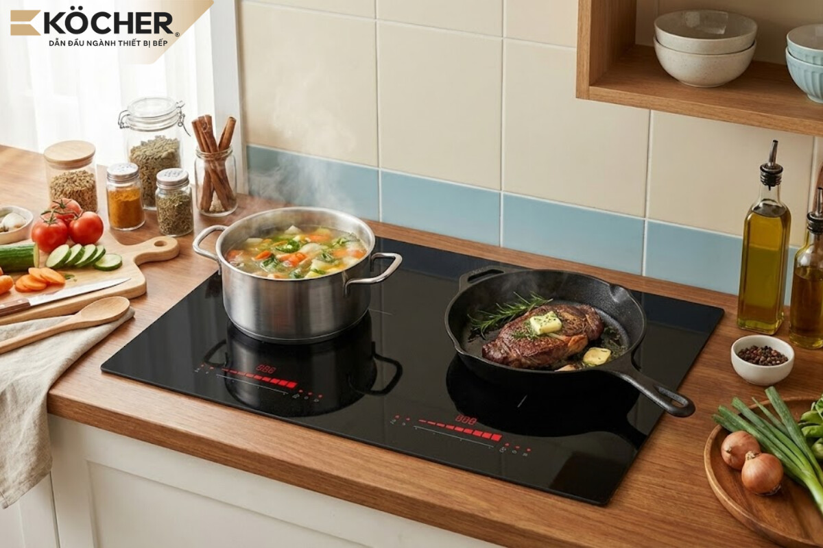 Bếp từ Köcher có mâm từ 100% đồng nguyên chất kết hợp cùng công nghệ Inverter và tính năng Pot Detect giúp bếp tập trung nhiệt lượng chính xác vào đáy nồi, giảm thiểu 35% điện năng lãng phí và đạt hiệu suất tới 95%.