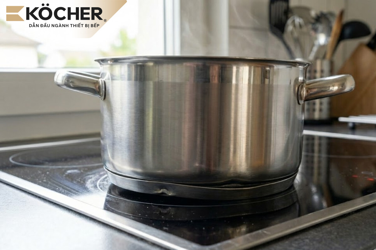 Đáy nồi bị biến dạng khiến khoảng cách giữa mâm từ và đáy nồi không đồng nhất, làm bếp khó nhận diện nồi.