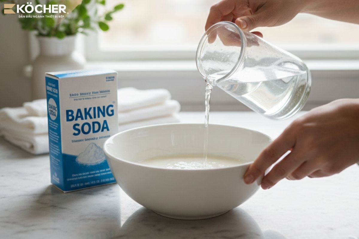 Pha baking soda với nước để xử lý các vết xước rõ rệt hơn.