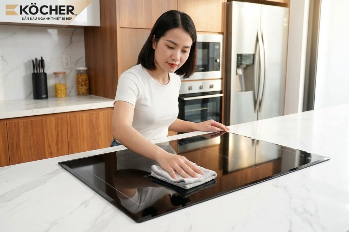 Vệ sinh mặt kính bằng khăn mềm và dung dịch vệ sinh chuyên dụng.