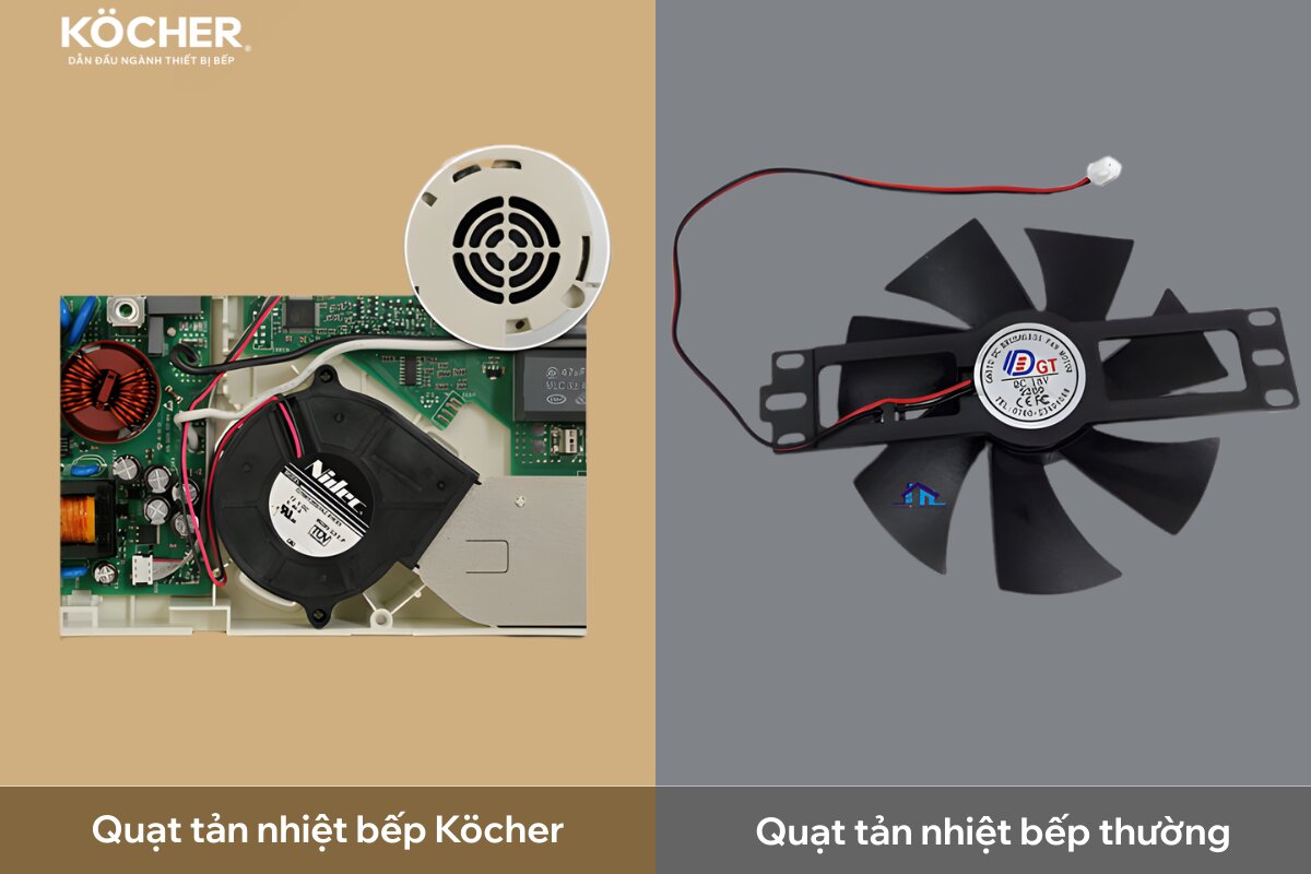 Quạt tản nhiệt lồng sóc (bên trái) vận hành êm ái, bảo vệ bo mạch tối ưu.