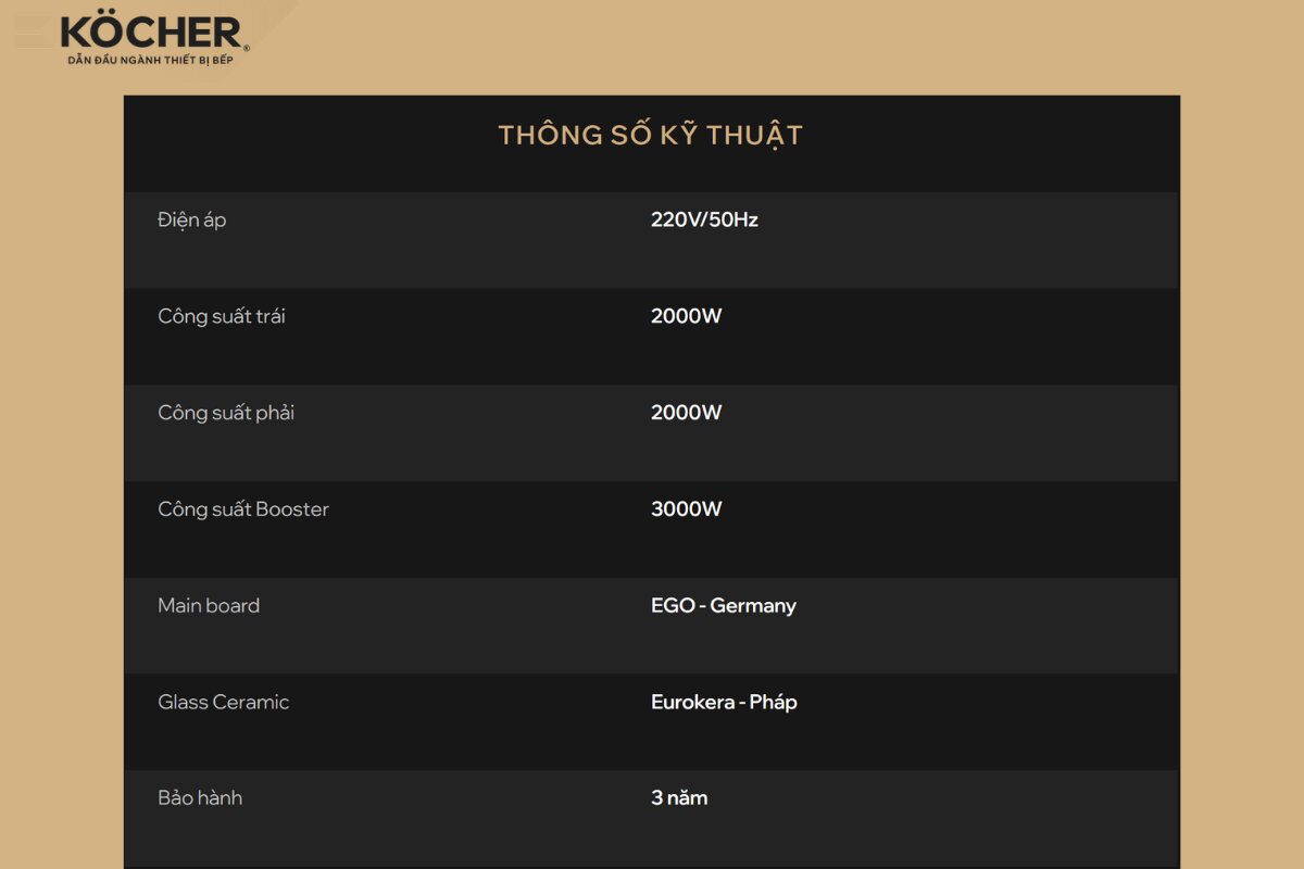 Kiểm tra thông số kỹ thuật trên website chính thức kocher.vn để đảm bảo mua đúng sản phẩm đạt chuẩn chất lượng.