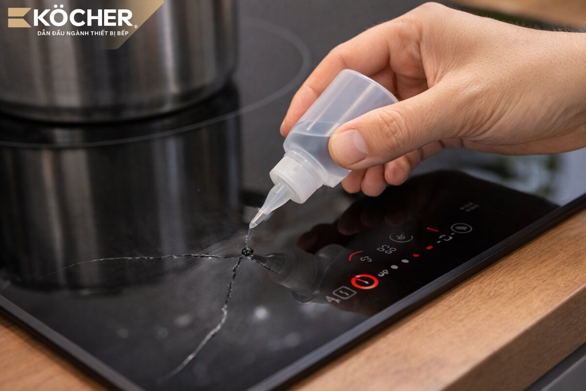 Dùng nhựa Epoxy vào khe nứt bếp để tạm thời khắc phục tình trạng vỡ mặt kính.