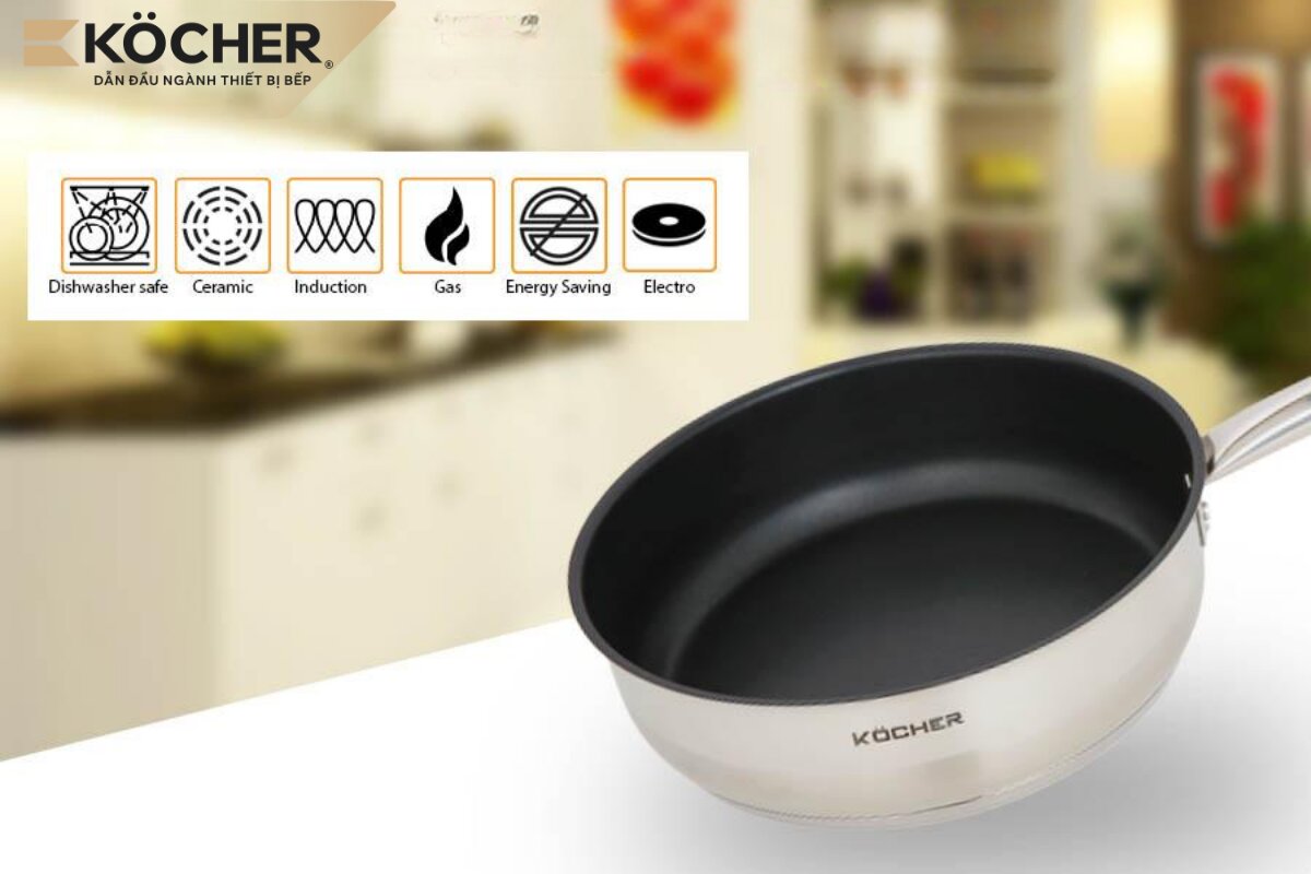 Chảo inox Köcher Lubeck sang trọng với đáy đa lớp giúp truyền nhiệt đều khắp bề mặt.