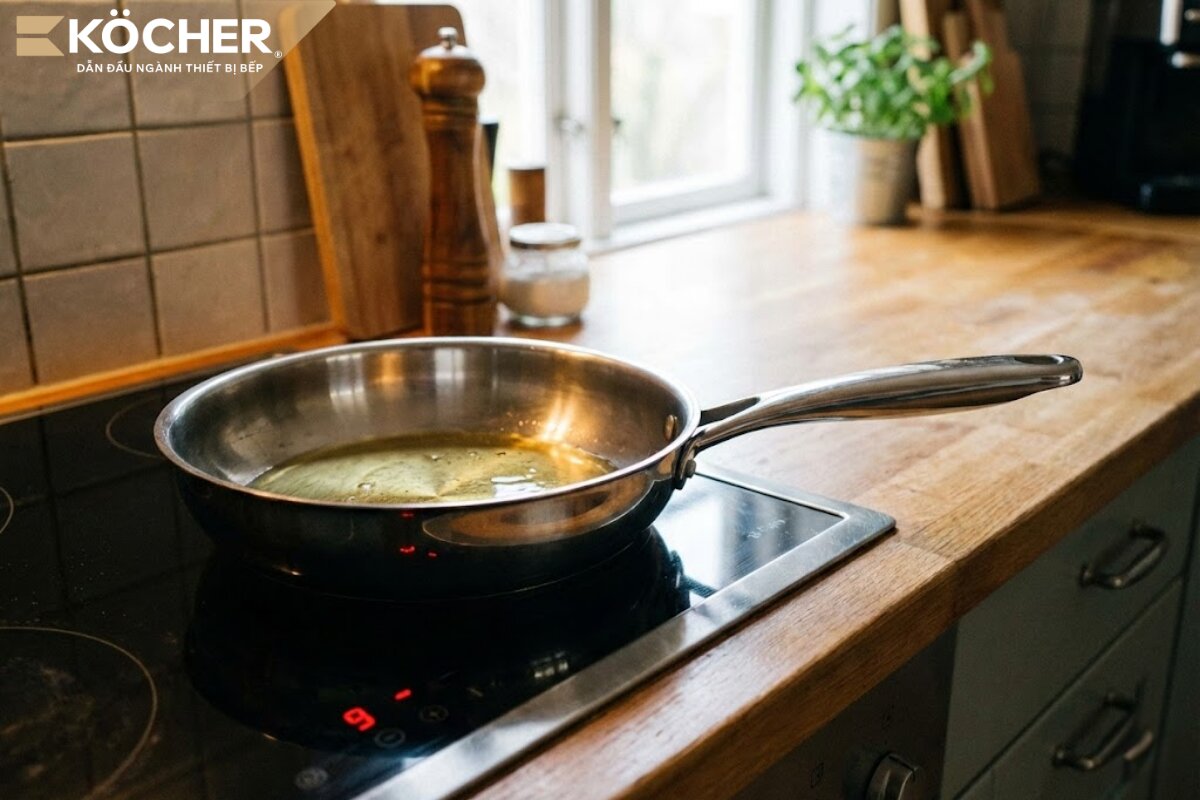 Chảo inox với cấu tạo đáy đa lớp giúp bắt nhiệt tốt.