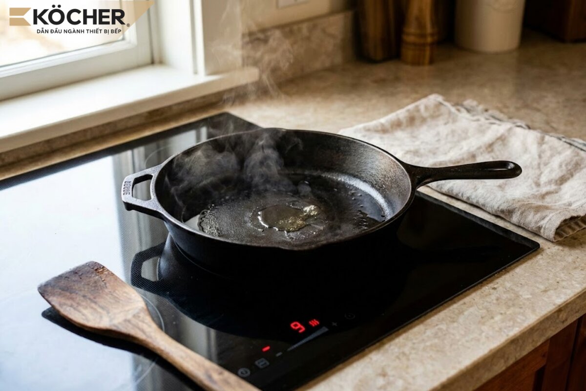 Chảo gang có từ tính tự nhiên mạnh mẽ, lý tưởng cho các món bít tết cần giữ nhiệt lâu.