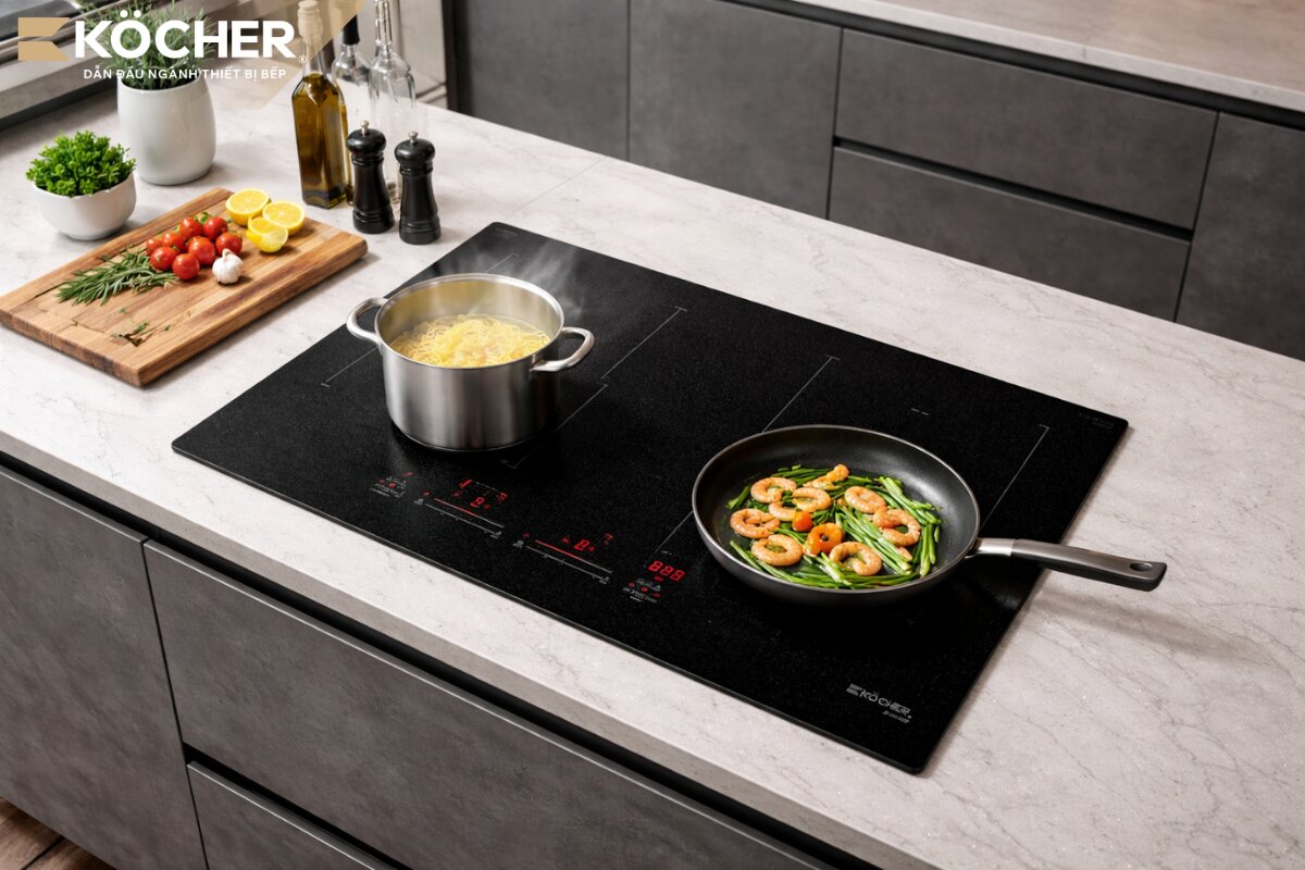 Bếp từ đôi của Köcher với 2 bảng điều khiển độc lập được chia nhỏ các mức công suất giúp người dùng linh hoạt điều chỉnh nhiệt độ chính xác cho từng món ăn và từng vùng nấu.