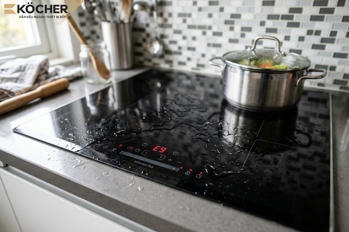 Bảng điều khiển dính nước gây hiện tượng loạn cảm ứng, khiến bếp từ hiện lỗi E9.