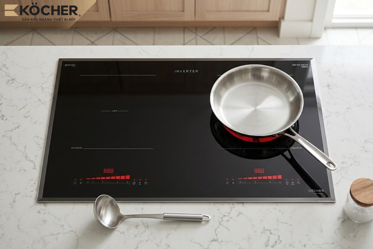 Bếp điện từ hồng ngoại Köcher EI-330E nổi bật với thiết kế vát cạnh sang trọng và hệ thống quạt tản nhiệt mạnh mẽ.