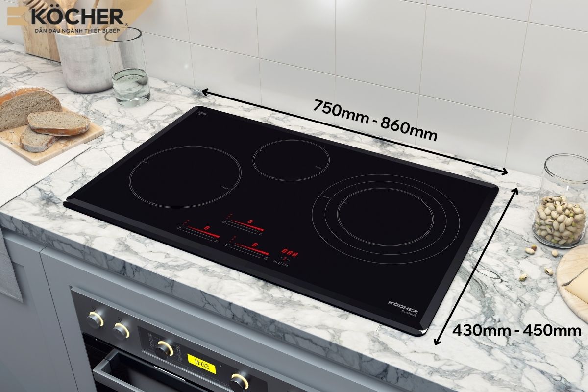 Bếp từ ba vùng nấu thường có chiều dài từ 580mm - 620mm và chiều rộng 510mm - 530mm.