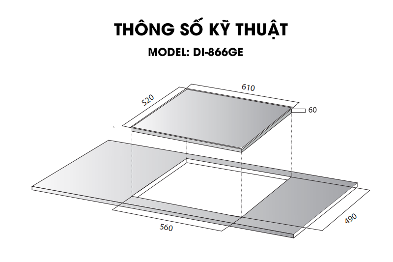 Bếp từ bốn vùng nấu có chiều rộng từ 590mm - 900mm và chiều sâu từ 520mm - 600mm.