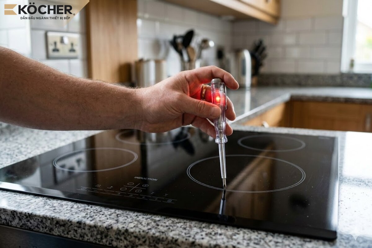 Sử dụng bút thử điện để kiểm tra bếp có rò rỉ điện không.