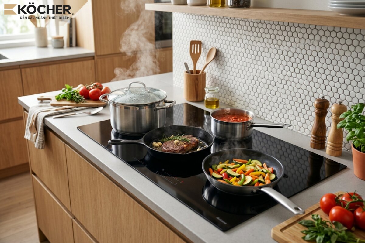 The multi-zone cooker utilizes almost the entire glass surface area.