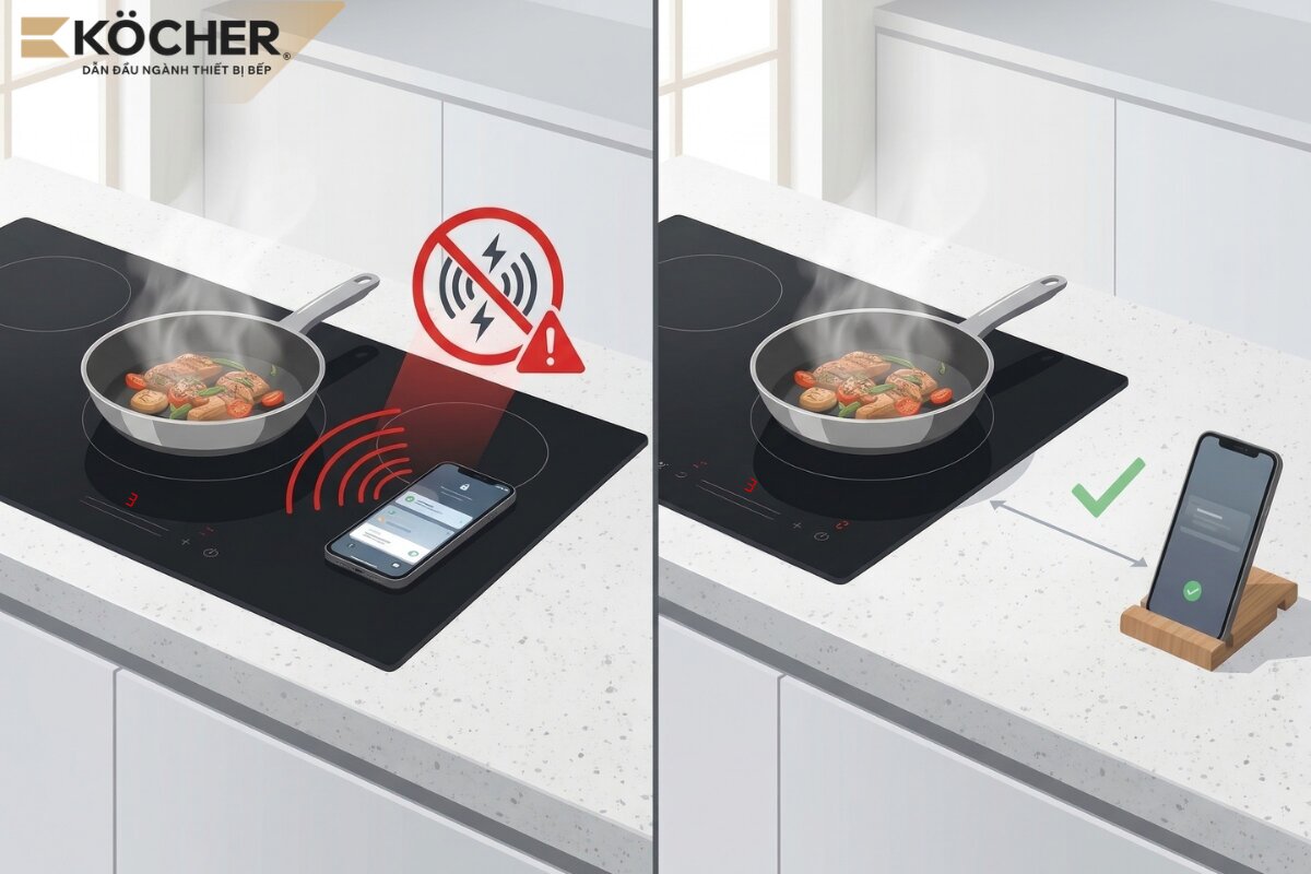 Không đặt điện thoại quá gần bếp từ sẽ làm nhiễu sóng điện từ