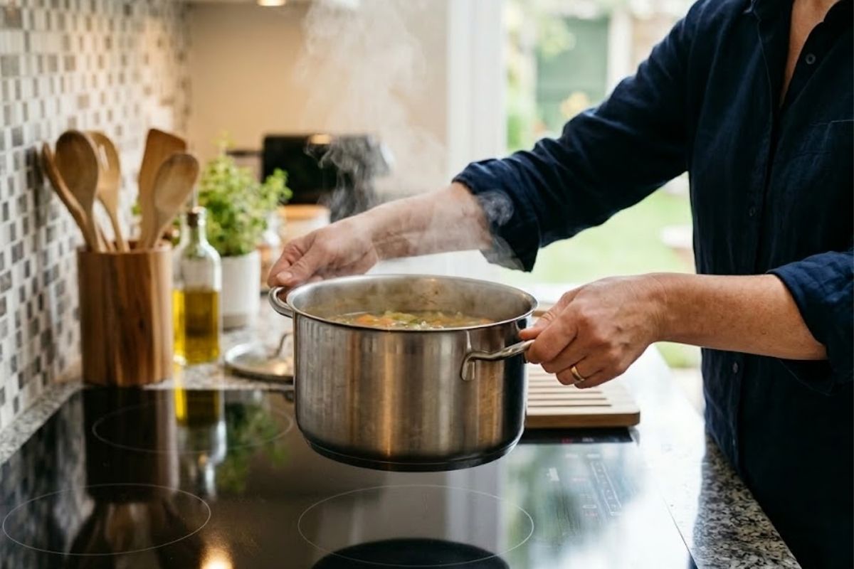 Nên nhấc nồi lên để di chuyển vùng nấu, tránh kéo lê trên mặt bếp