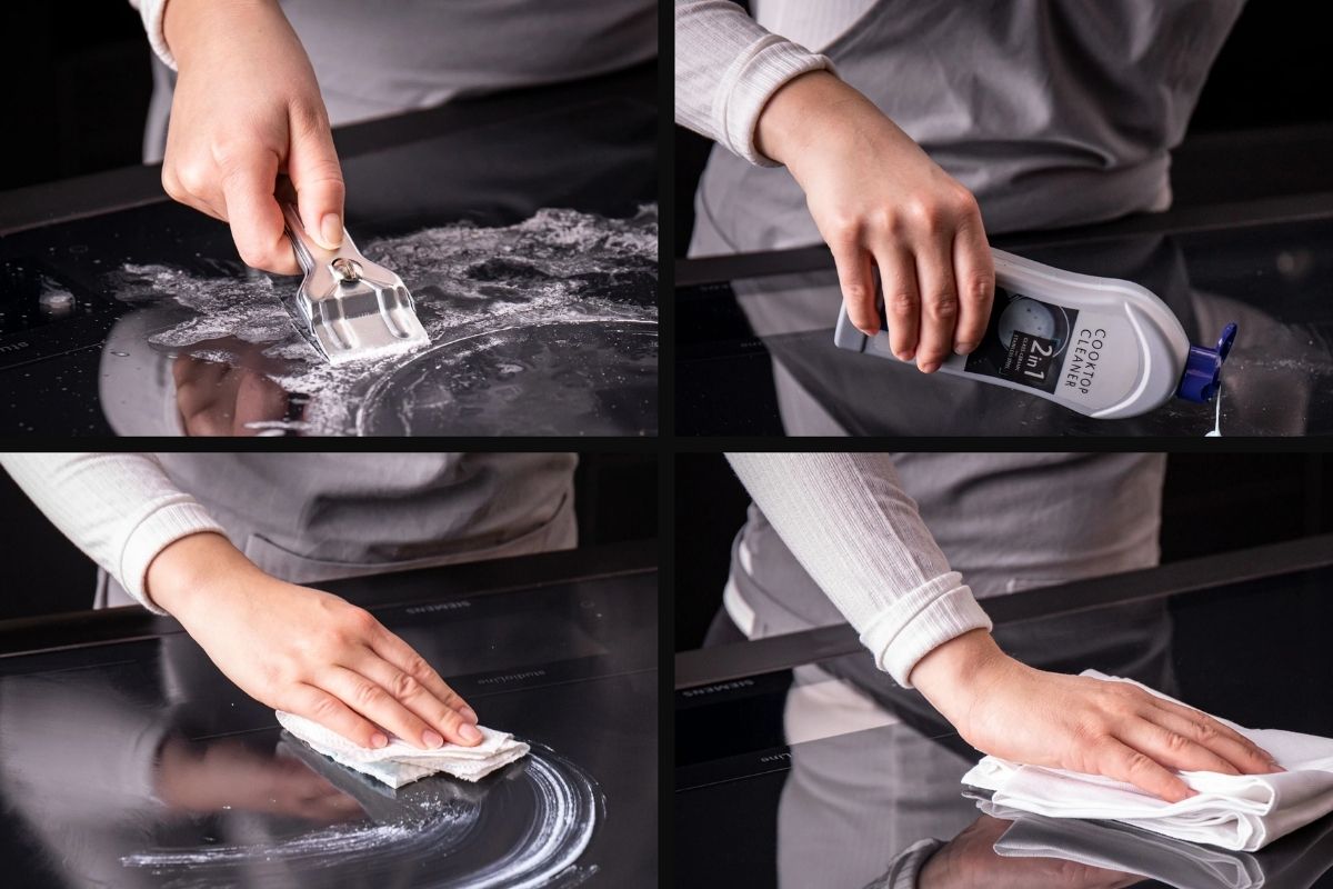 Nên sử dụng khăn mềm, dụng cụ chuyên dụng để cạo vết bẩn bám chặt trên mặt bếp