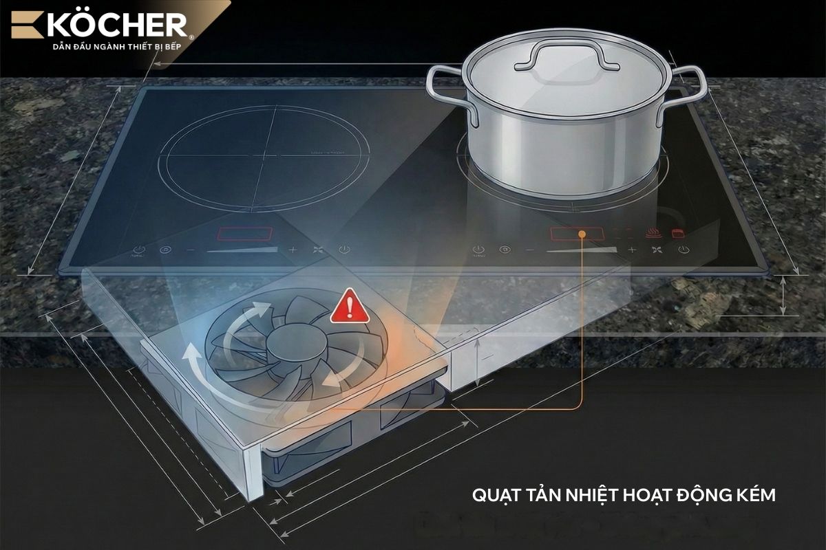 Quạt tản nhiệt hoạt động không hiệu quả khiến nhiệt độ vùng nấu tăng cao gây lỗi E4