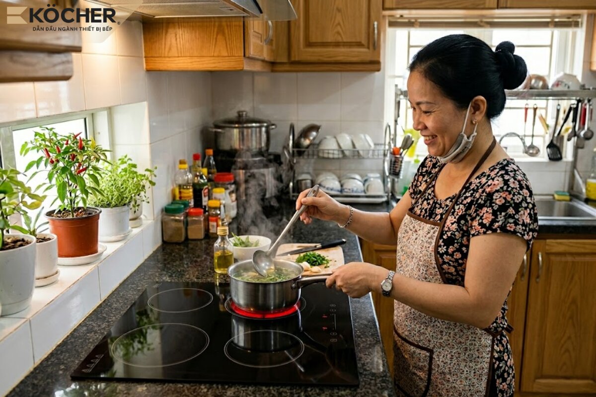 Bếp điện quang phát ánh sáng mạnh khi sử dụng.