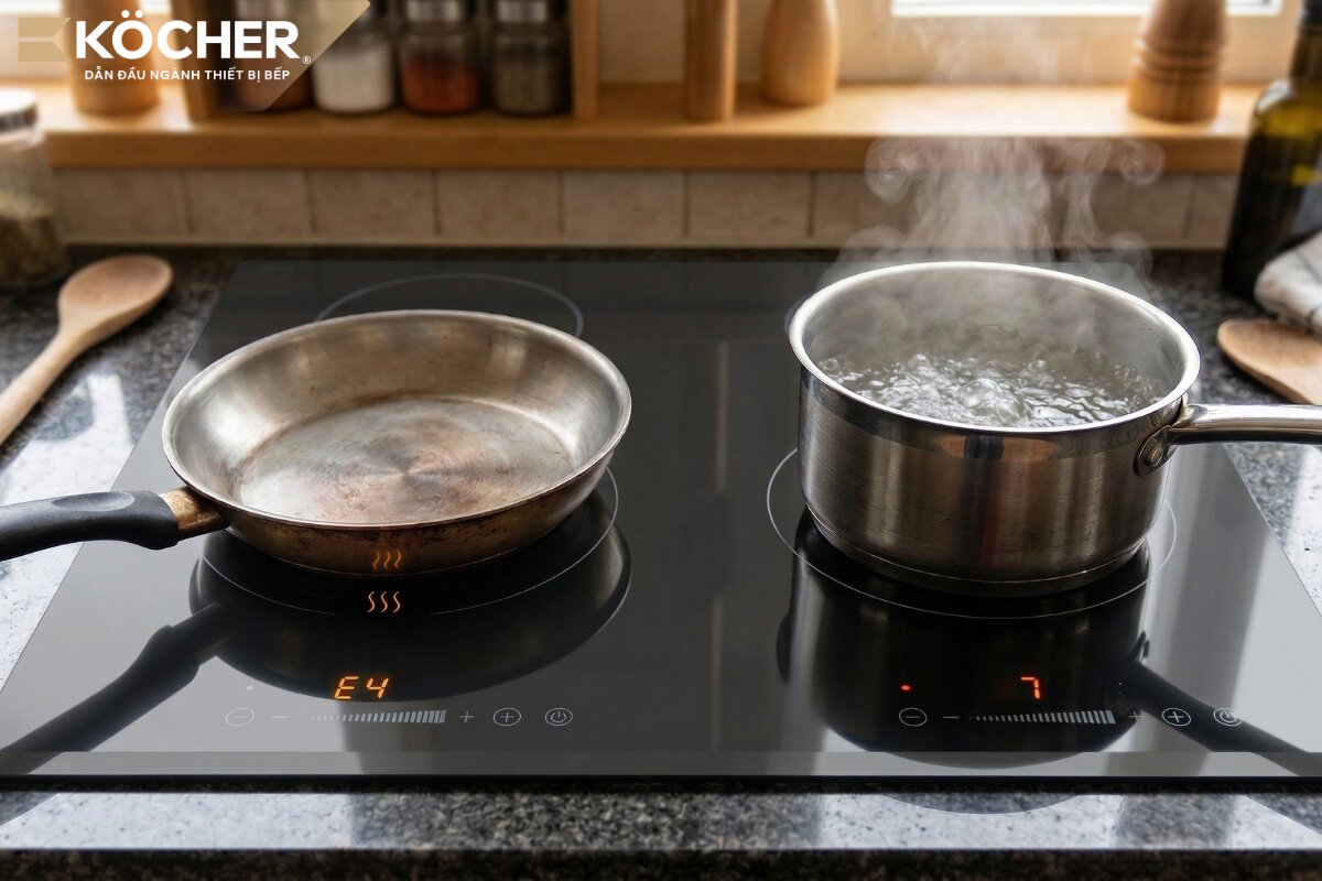 Khi đáy nồi nóng lên nhanh, dễ vượt ngưỡng cảm biến cho phép, bạn phải tắt bếp ngay và để nồi nguội trước khi nấu lại