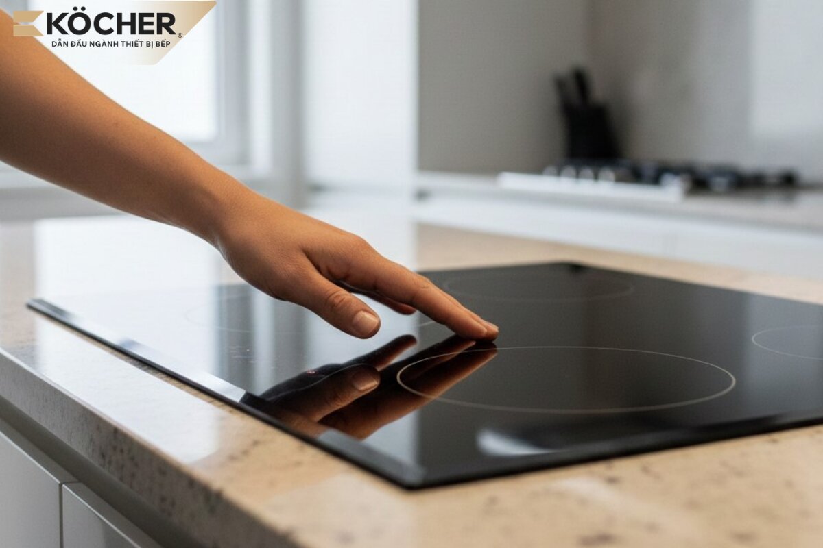 Lưu ý để mặt bếp nguội hoàn toàn (hoặc cảnh báo nhiệt dư tắt) sau đó mới chạm vào mặt bếp hoặc vệ sinh
