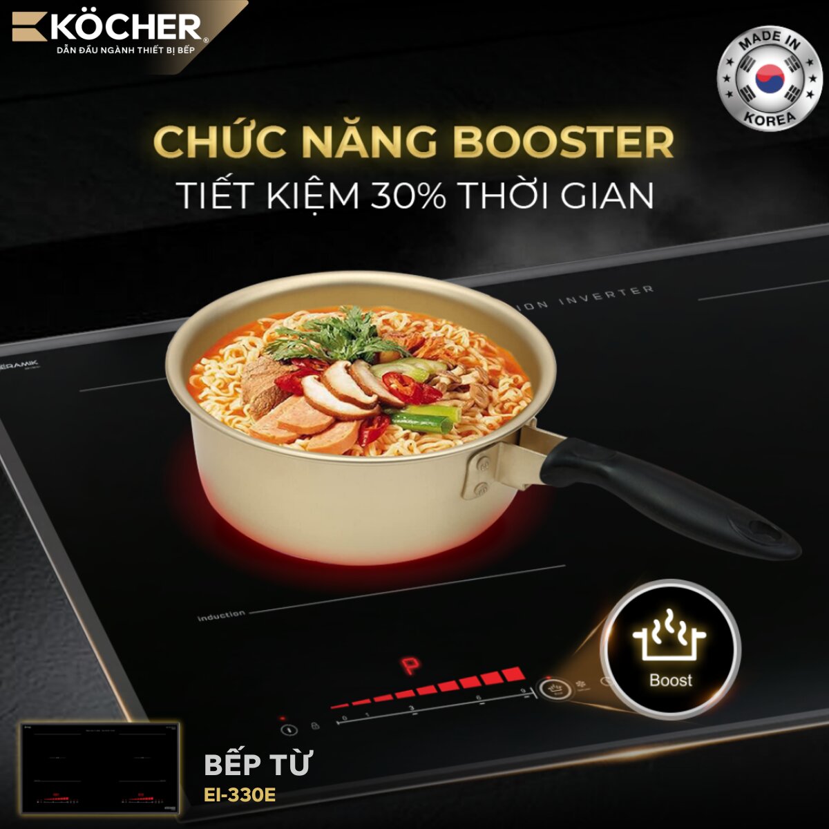 Bếp điện từ EI-330 thiết kế tinh gọn, mặt kính Keramik sang trọng, chức năng Booster tiết kiệm thời gian nấu