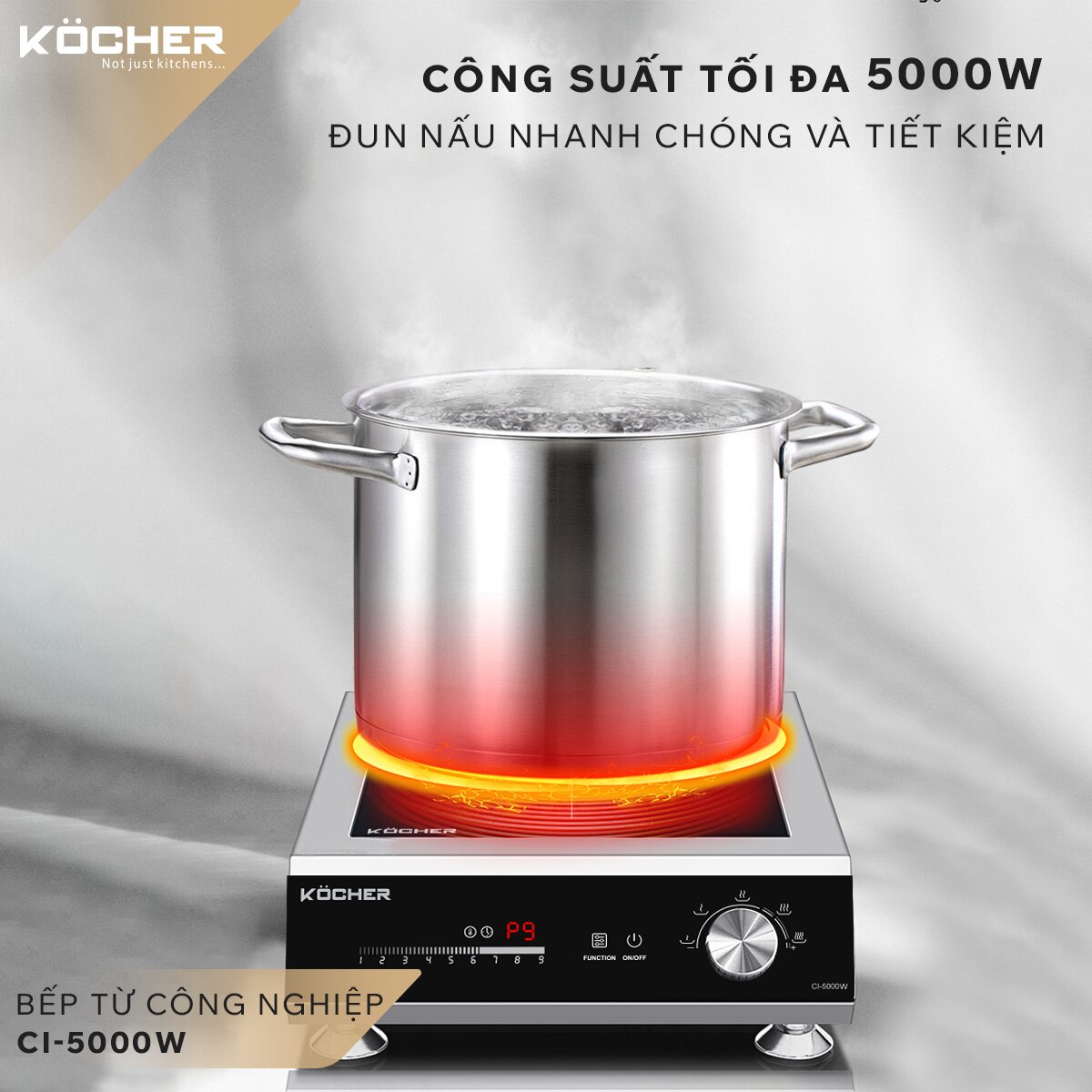 Dòng bếp từ công nghiệp 5.000W công suất lớn được thiết kế riêng cho các nhà hàng lớn, bếp ăn tập thể phục vụ trên 100 suất ăn cùng lúc.