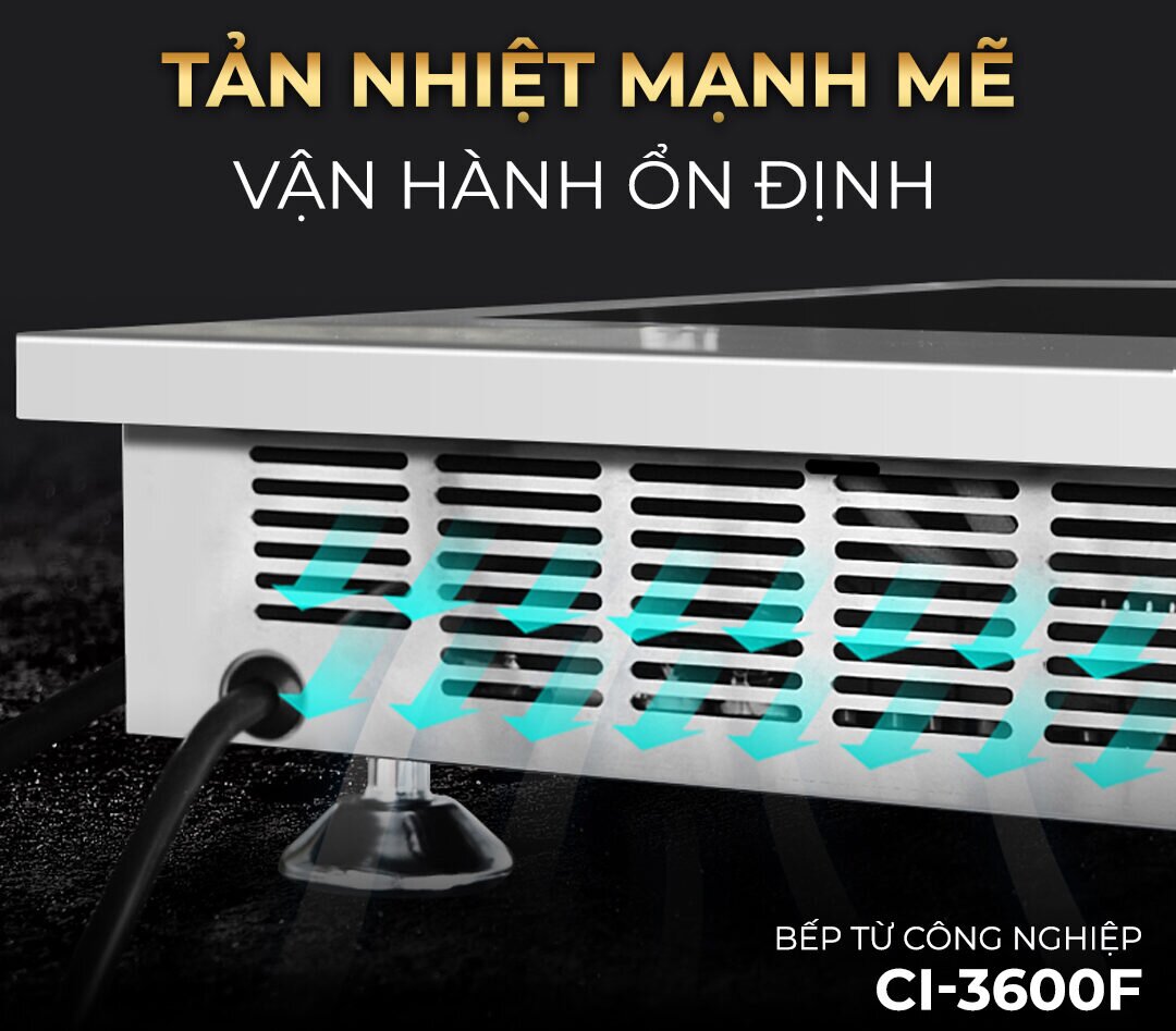 Máy bếp từ công nghiệp được trang bị hệ thống quạt tản nhiệt công suất cao