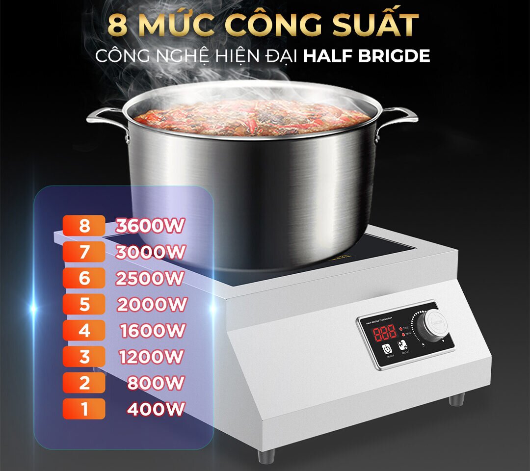 Bếp từ công nghiệp đạt chuẩn phải có dải điều chỉnh công suất được chia nhỏ từ 8 đến 10 mức nhiệt khác nhau