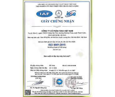 Giấy chứng nhận tiêu chuẩn chất lượng ISO 9001:2015 của doanh nghiệp được cấp bởi Viện Nghiên cứu Phát triển Tiêu chuẩn Chất lượng (ISSQ)