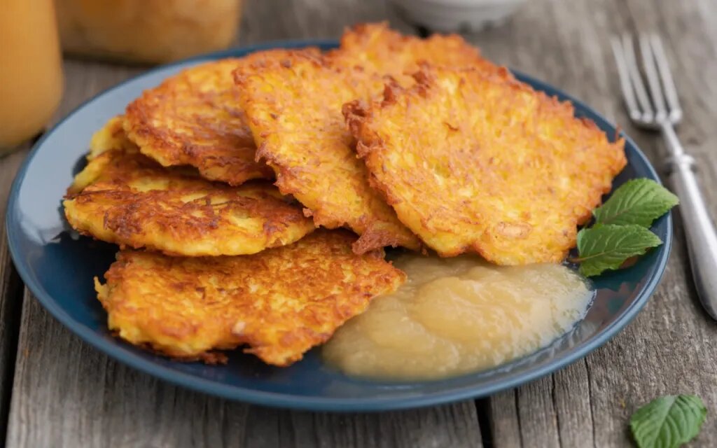 German-style potato pancake recipe with pink applesauce