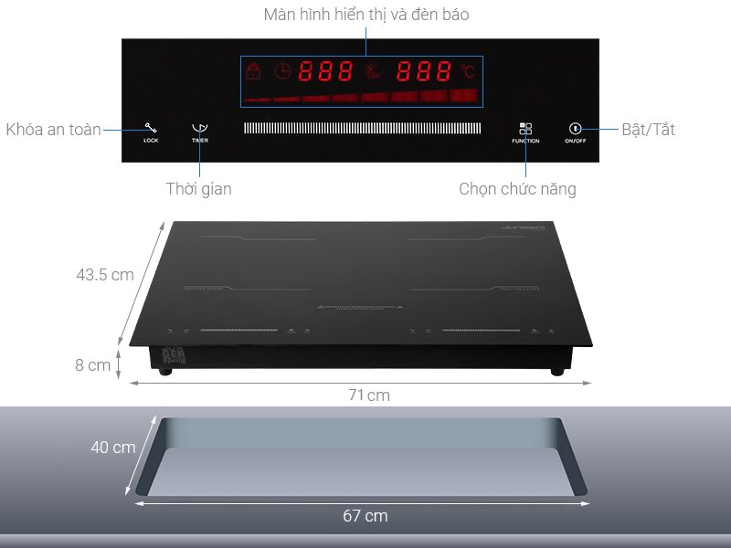 Thông số kỹ thuật nổi bật của bếp từ đôi lắp âm Hafele HC-I2732A – tổng công suất 4400W, tích hợp công nghệ Inverter cho hiệu suất ổn định.