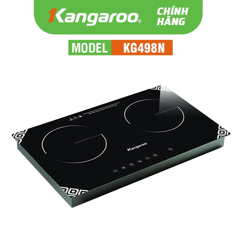 Bếp từ đôi Kangaroo KG498N với thiết kế mặt kính 0.4cm, bảng điều khiển cảm ứng hiện đại, phù hợp lắp âm tủ bếp.
