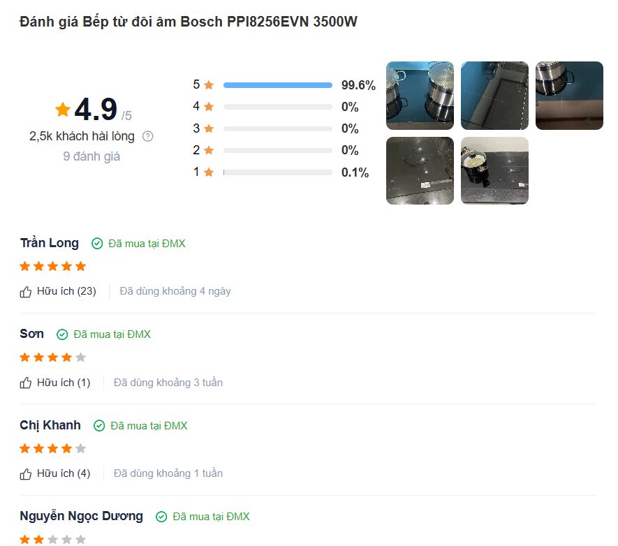 Khách hàng nhận xét về sản phẩm bếp từ âm của Bosch