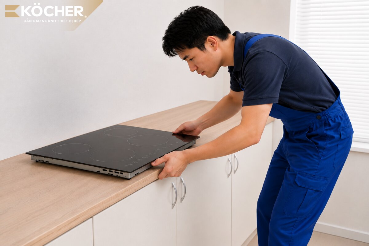 Sau khi được xác định vị trí, lau sạch và làm khô mặt bàn rồi đặt bếp lên