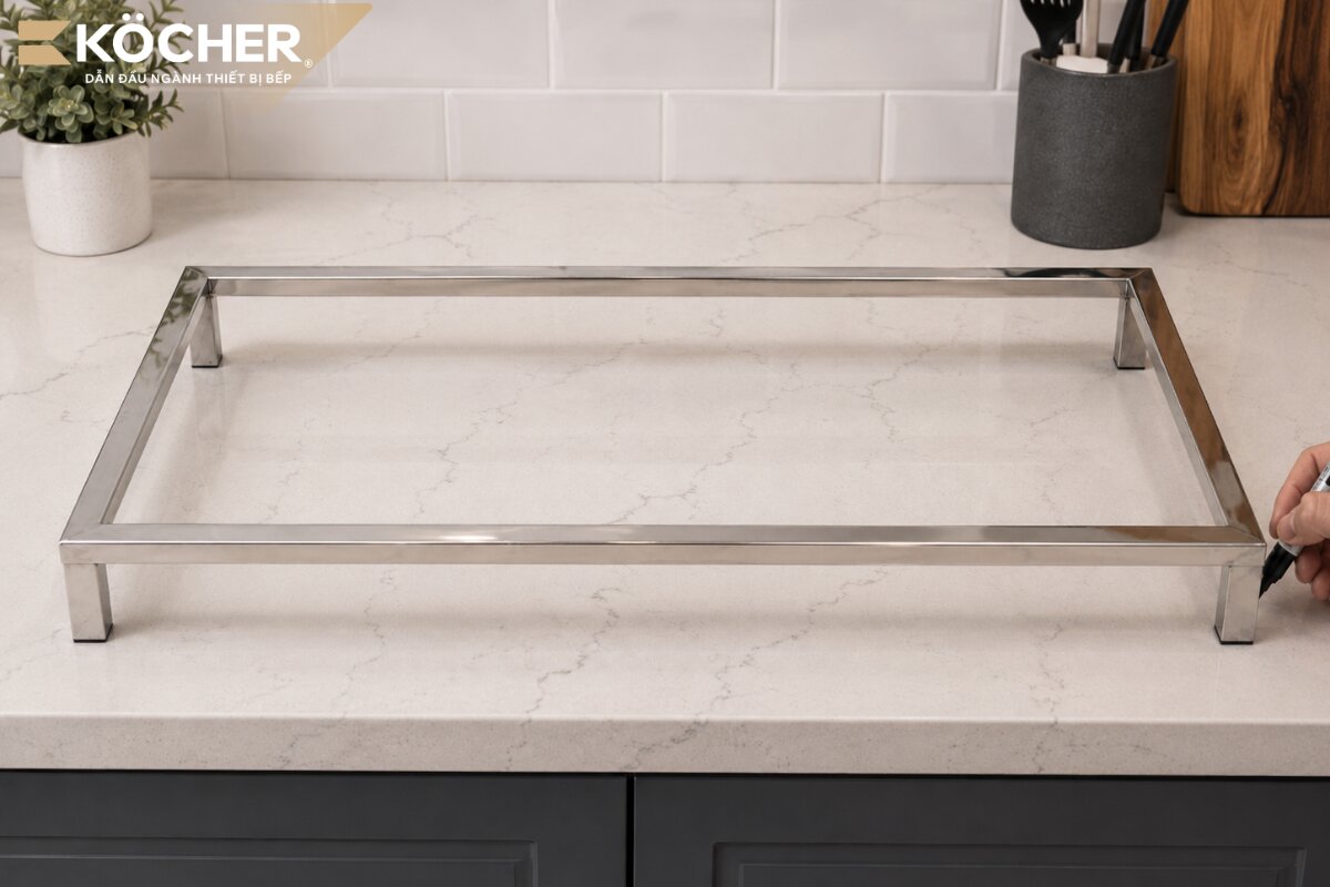 Đặt và cố định khung inox lên mặt đá bàn bếp