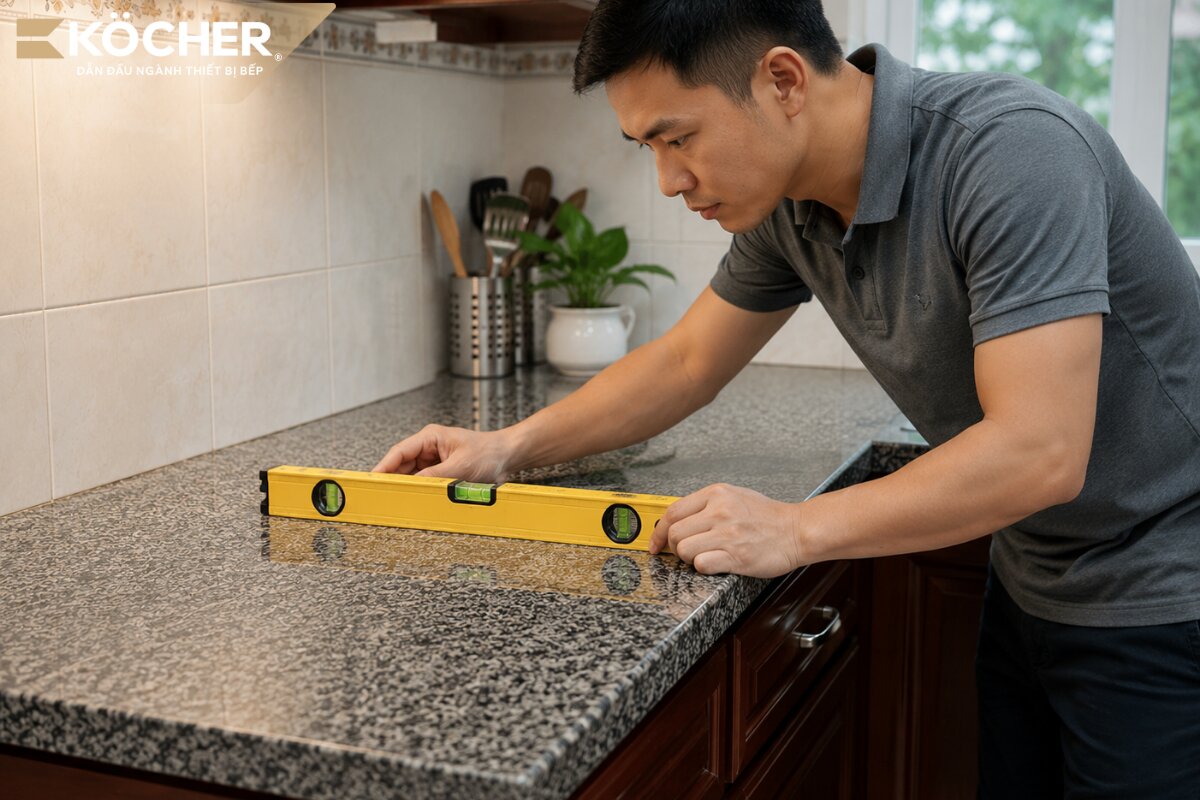Trước khi cố định, hãy dùng thước thủy kiểm tra độ phẳng của mặt bàn và dùng bút đánh dấu rõ ràng vị trí đặt khung hoặc bếp