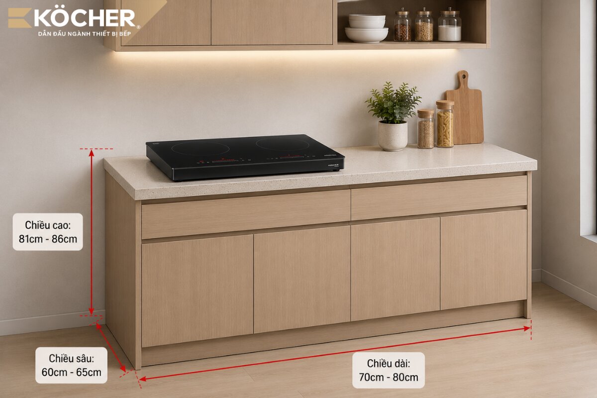 Tiêu chuẩn kích thước bàn bếp lắp bếp từ đôi dương (bếp đặt nổi) tại Việt Nam gồm: chiều cao 81cm - 86cm và chiều sâu 60cm - 65cm