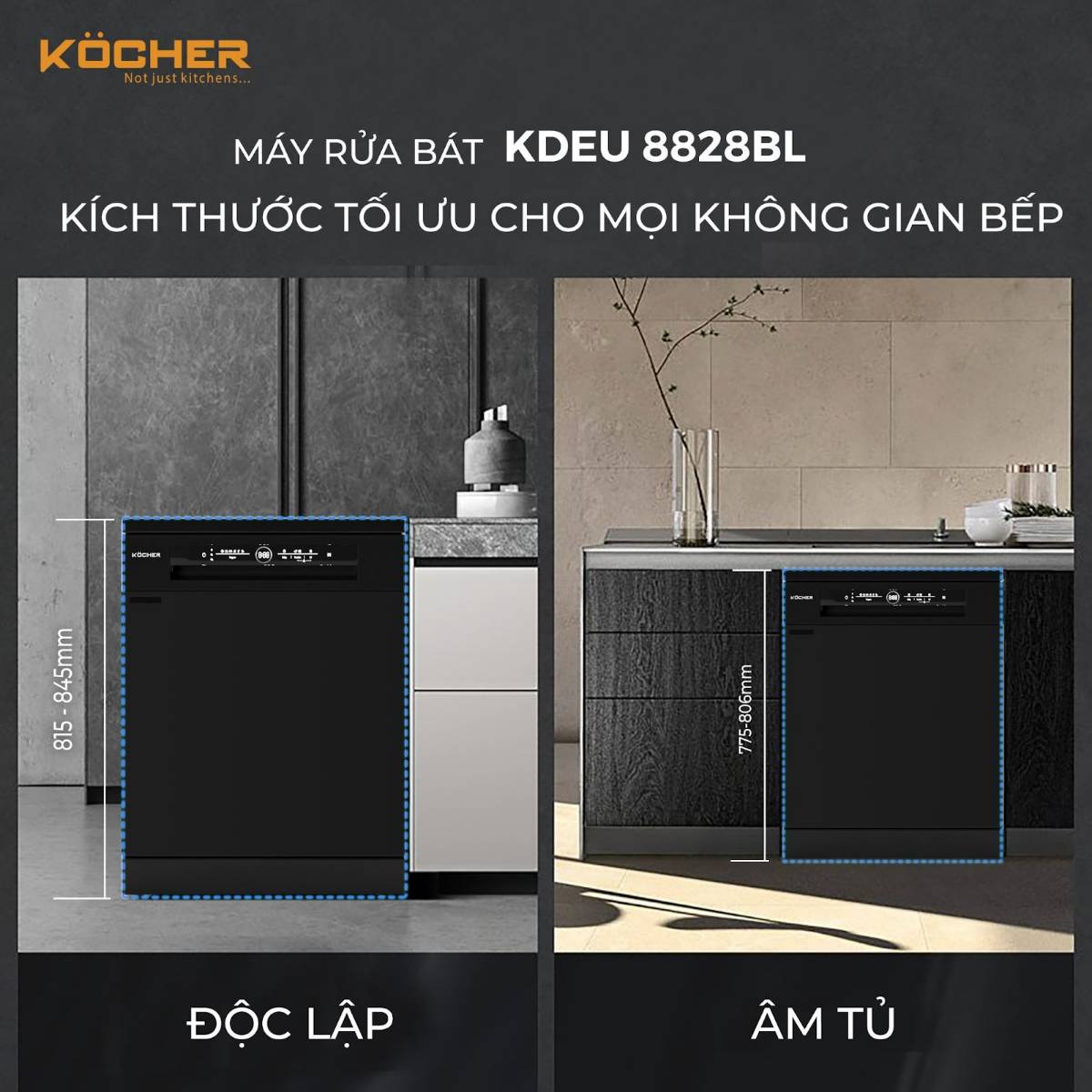 Kích thước lắp đặt tham khảo của máy rửa bát Köcher KDEU-8828BL